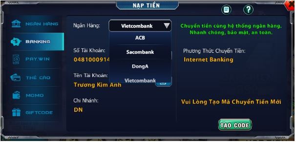 Người chơi có thể nạp tiền vào nhà cái thông qua rất nhiều hình thức