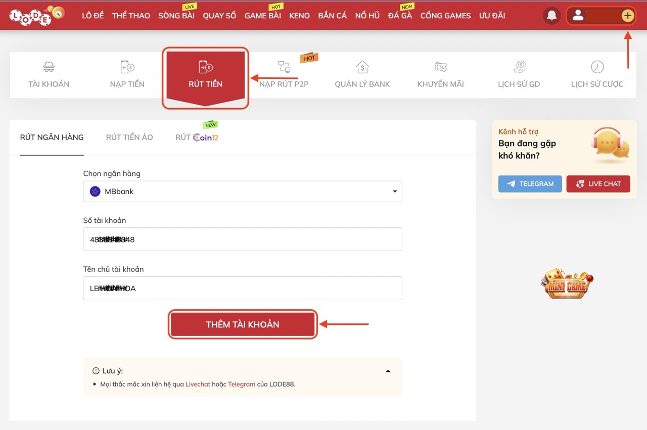 Hướng dẫn rút tiền lode88 về tài khoản ngân hàng